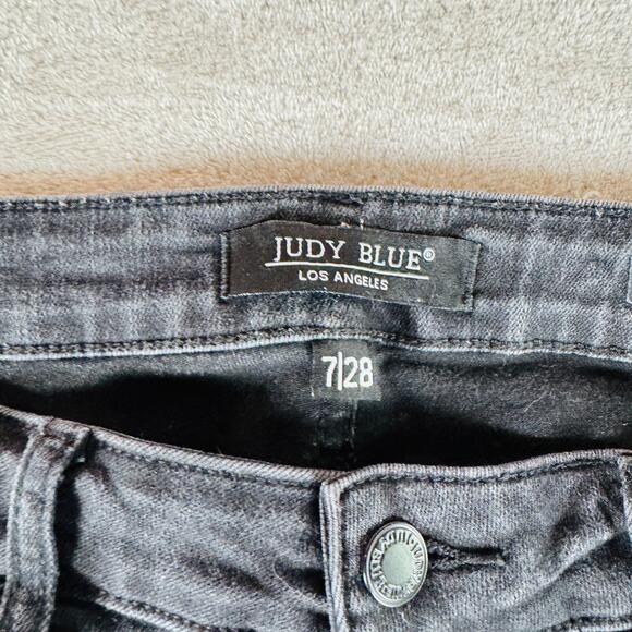 Judy Blue Jeans Women 7/28 Faded Black Denim Mid Rise Destroyed Slim Fit Raw Hem - Picture 3 of 13